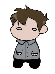 a drawing of a boy with brown hair wearing a gray coat and black pants,