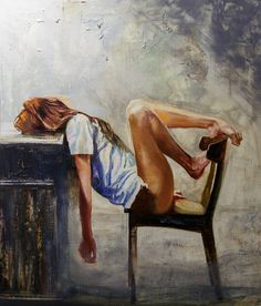 a painting of a woman laying on a chair