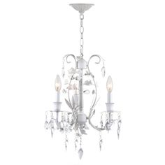 a white chandelier with three lights hanging from it