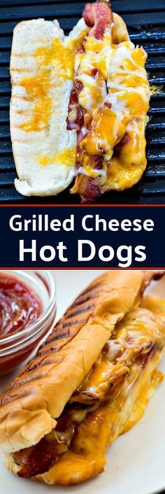 grilled cheese hot dogs on a grill with ketchup and mustard