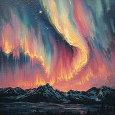 an oil painting of the aurora over mountains with stars and clouds in the night sky