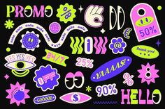 various stickers and decals are shown on a black background with the words prom