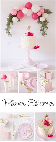 a collage of photos with pink and white balloons, cake, napkins, and other items