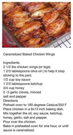 the instructions for how to make baked chicken wings are shown in this recipe, which includes ingredients