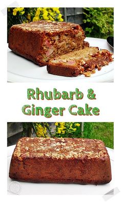 two pictures of a loaf of rhubarb and ginger cake on a plate