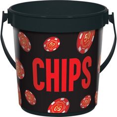 a bucket filled with chips on top of a white background and the words chips written in red