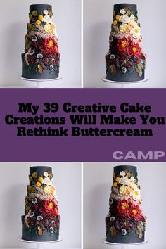 four photos of a cake with flowers on it and the words camp written in purple