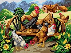 the cross stitch pattern shows chickens and roosters on a bench in front of a farm