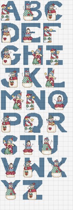 a cross stitch alphabet with snowmen on it and the letters are all in different colors