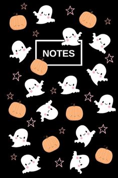 halloween themed notebook with ghost and pumpkins in the middle, on a black background