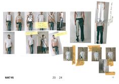 several pictures of men in white shirts and jeans with tags on them, all showing different angles