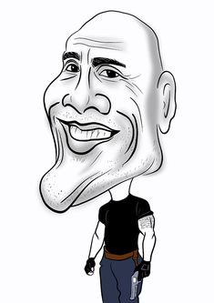 a caricature of a smiling man with his hand on his hip and wearing a black t - shirt