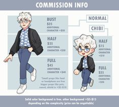 an old woman with glasses and white hair is walking in front of a sign that says commission info