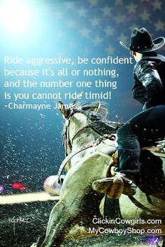 a man riding on the back of a white horse next to a quote about rodeo