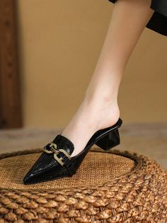 Free Returns ✓ Free Shipping✓. Elegant Black Mule Pumps For Women, Crocodile Embossed Metal Decor Point Toe Chunky Heeled Pumps- Women Pumps at SHEIN. Black Mule, High Heel Clogs, Green Heels, Women Shoes Online, Mule Sandals, Slingback Sandal, Low Heels, Fashion Online Shop, Women's Pumps