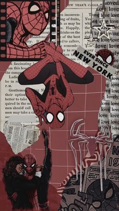 spiderman collage with newspaper clippings and photoshopped into the background