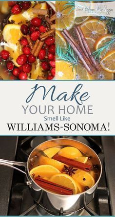 a pan filled with orange slices and cinnamons on top of a stove next to an advertisement