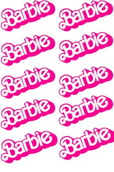 some pink and white stickers with the words barbie babies on them, all in different font