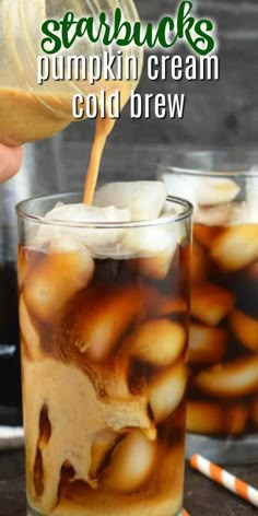 two glasses filled with iced pumpkin cream cold brew and caramel syrup being poured into them