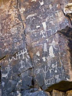 an image of rock art with animals and people on it