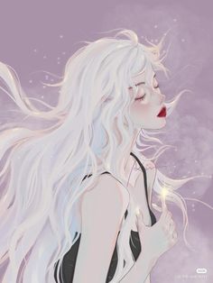 a woman with long white hair and red lips is holding her hand on her chest