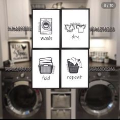 four cards with laundry symbols on them in front of washer and dryer