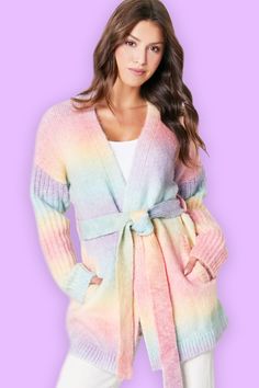 A beautiful women's super soft ombre rainbow cardigan. Perfect to dress up or down! Ombre Cardigan, Future Bedroom, Stylish Loungewear, Belted Cardigan, Open Face, Fitted Tee, Sash Belt, Cozy Knit