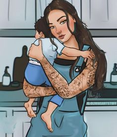 a drawing of a woman holding a baby in her arms with tattoos on it's arms