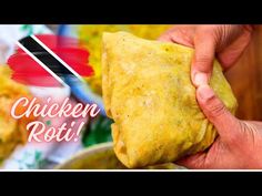 chicken roti in a bowl being held up by someone's hand with the word, chicken roti on it