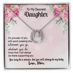 Daughter Pendant, Good luck Necklace Some call it ‘fate’... some call it ‘destiny’...others ‘pure luck.’ This good luck necklace signifies how lucky you are to have a daughter in your life. Whether you want to show your appreciation for life’s everyday journey or a special occasion, such as her Birthday - this good luck necklace is sure to make her feel recognized! Handcrafted details make this daughter pendant a stand out. This versatile good luck necklace is dipped in white gold and set with s Father's Day Necklace With Gift Box, Spiritual Necklace Gift For Father's Day, Father's Day Jewelry Gift With Box, Spiritual Jewelry As Mother's Day Gift, Necklaces With Gift Box For Mother's Day, Necklaces For Mother's Day Gifts With Gift Box, Meaningful Hallmark Necklace As Gift, Meaningful Hallmarked Necklace Gift, Daughter Message