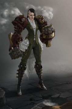 a digital painting of a man dressed in steampunk clothing and holding two large metal objects