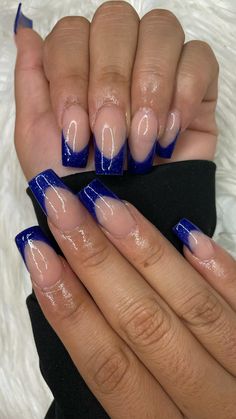 Nail Designs Navy Blue French Tips, Blue Royal Nails Design, Royal Blue Prom Acrylic Nails, Navy French Tip Nails Coffin, Navy Blue And Pink Nails Acrylic, Royal Blue Glitter French Tip Nails, Dark Blue Glitter French Tip Nails, Navy Blue Prom Nails Almond, Nails To Match A Navy Blue Dress