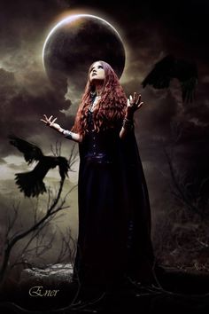 a woman with long red hair standing in front of a full moon and flying birds