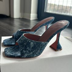 Brand New Never Worn Size 38.5 Amina Muaddi Lupita Denim Mule Sandals Summer Denim Heels With Pointed Toe, Chic Open Toe Denim Sandals, Chic Denim Open Toe Sandals, Denim Heels With Heel Strap, Chic Open Toe Denim Heels, Chic Denim Sandals For Spring, Chic Denim Blue Open Toe Sandals, Chic Denim Open Toe Heels, Chic Open Heel Denim Heels