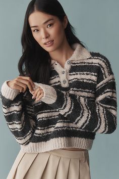 Has sweater weather ever looked (and felt) this good? The Maeve Striped Polo Sweater features a classic polo neckline and bold stripes. | Striped Polo Sweater by Maeve in Black, Women's, Size: 2XS, Polyester/Acrylic at Anthropologie