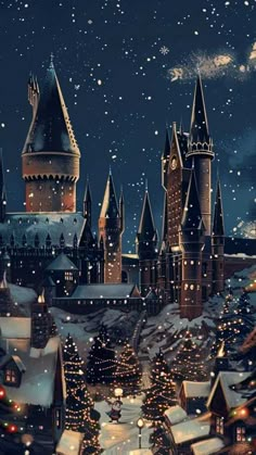 a painting of hogwarts castle at night with snow falling on the ground and buildings lit up