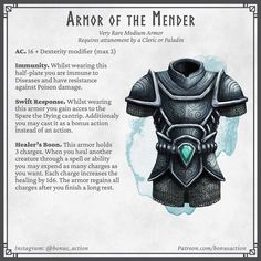 the armor of the mender, with instructions for how to use it and how to use