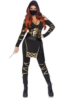 Ninja Outfit Female, Leg Avenue Costumes, Spandex Jumpsuit, Ninja Outfit, Female Ninja, Waist Sash, Bodycon Jumpsuit, Leg Avenue, Shoulder Shirts