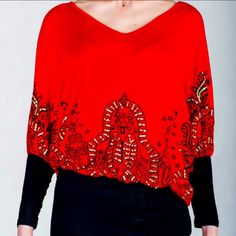 Women's Callie Lives Red Dragon Off Shoulder Long Dolman Sleeve Applique Contrasting Design Lightweight Stretch Sophisticated, Sexy, Date Night, Board Meeting, Night Out, Special Parties Bohemian Tops For Fall Night Out, Red Stretch Bohemian Top, Festive Long Sleeve Stretch Tops, Stretch Long Sleeve Tops For Festive Occasions, Red Bohemian Top For Winter, Red Bohemian Tops For Festive Occasions, Red Bohemian Top For Festive Occasions, Festive Stretch Tops For Fall, Festive Fall Stretch Tops