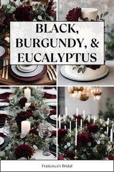 black, burgundy, and eucalyptus wedding table setting with white plates and red flowers in centerpieces