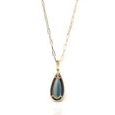 * ORIGINAL DESIGN----- This pendant is made with high-quality genuine AAA nice swiss blue elongated cushion topaz & genuine SI diamonds. Classic yet fashionable. The luxury natural navy blue topaz. The style is simple and luxurious. The angles and lines are so beautiful. It's a perfect gift for yourself and your love. * Specifications: Approx.T & G Weight (Chain included): 8.54 g Chain Width: 3.18 mmMaterial: 18k Yellow Gold,Primary Stone Type: Natural Swiss Blue TopazPendant Dimensions (L, W, H Elongated Cushion, Best Gifts For Her, Swiss Blue Topaz, Stone Cuts, Beautiful Gift Boxes, Pear Cut, Blue Topaz, Original Design, Natural Gemstones