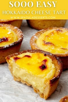 mini cheese tarts with text overlay that reads easy recipe for hokkado cheese tart