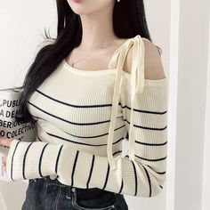 Striped Knit, Long Sleeve Pullover, Sweater Outfits, Sweaters & Cardigans, Knitted Sweaters, Off Shoulder, Shoe Jewelry, Stripes, Women Jewelry