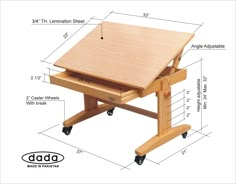 a drawing table with wheels and measurements for the top section, including an adjustable drawer