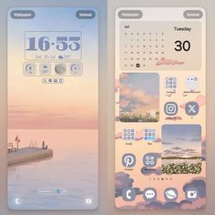 two iphone screens showing the same weather and calendars on each screen, one with an image of a boat in the water