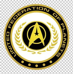 the star trek emblem is shown in black and gold, as well as an image of a