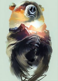 a painting of a sloth with mountains in the background and sun shining through its eyes