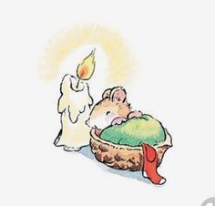 an illustration of a person laying in a basket next to a lit candle on a white background