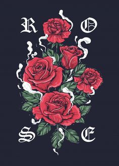 some red roses on a black background with the letters s and o in white ink