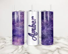 If you have someone that just loves purple and galaxy this is a beautiful gift for them and you can personalize it with their name as well! You can choose between 20oz or 30oz tumbler from the menu on the listing page. The image is sublimated on to the cup, it will not fade, rub off or peel at all. It has a slide top lid. The tumbler is double walled, insulated and will keep drinks cold or hot for hours. If you have any questions please feel free to message me :) Galaxy Names, Galaxy Wine Tumbler, Purple Sunflower Tumbler, Purple Names, Purple And Gold Tumbler, Name Tumbler Cups Purple, Purple Geode Tumbler, Purple Gift, Purple Themes